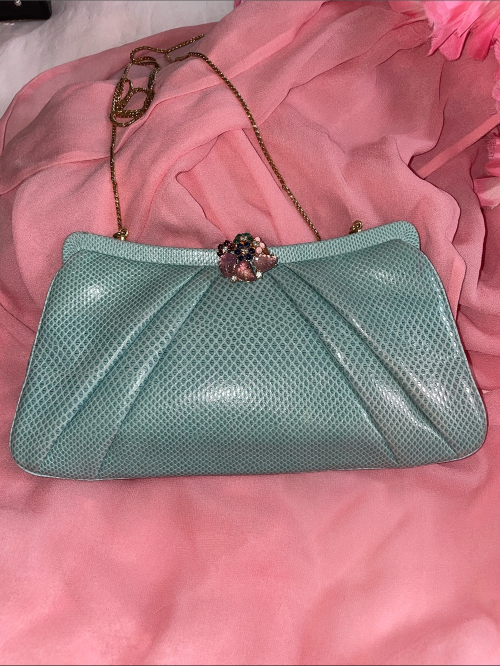 Judith Leiber Seafoam Green Clutch with Jeweled Clasp